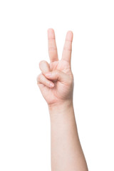 Woman hand showing two count isolated on white