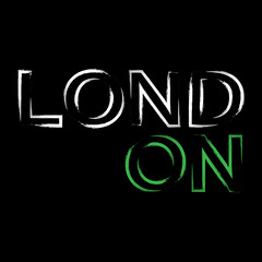 T shirt typography graphics London city. Urban modern design. White and green text on black background. Symbol of England, Britain, United Kingdom. Template apparel, card, poster. Vector illustration