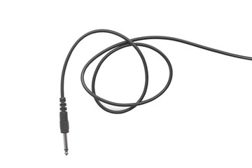 Guitar audio jack with black cable isolated on white background