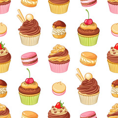 Various bright colorful chocolate desserts . Seamless vector pattern on white background.