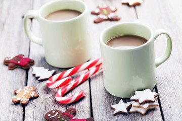 Gingerbread cookies on a grey wooden table