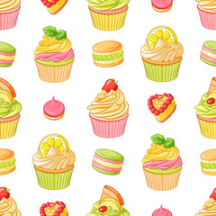Various bright colorful fruit desserts. Seamless vector pattern on white background.