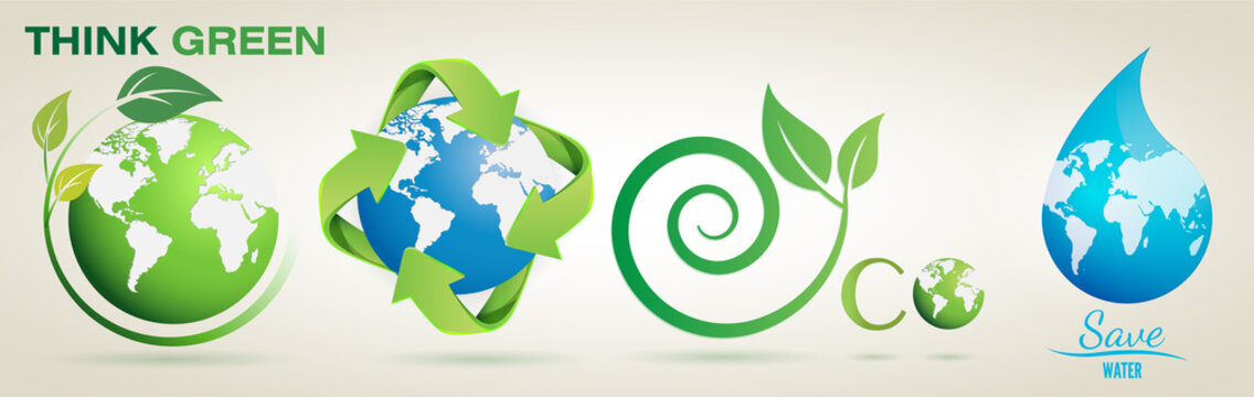 Think Green, Recycle, Eco, Save Water- Vector Logo Set