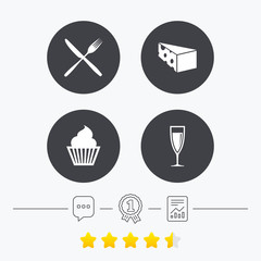 Food icons. Muffin cupcake symbol. Fork, knife.