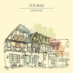 Old town Springe, Germany, Europe. Street with old historical fachwerk buildings. Hand drawing. Travel sketch. Vintage book or calendar illustration, postcard, poster