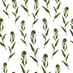 Seamless pattern with wild forest flowers painted by watercolor. Hand drawn illustration.