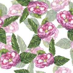 Behang Seamless floral wild roses pattern painted by watercolor. Hand drawn illustration. © angry_red_cat