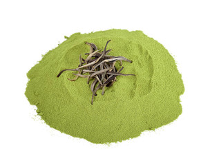 Dried tea leaf and powder isolated on white background