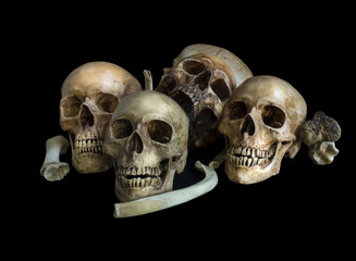 Pile of skulls and bones, isolated on black background