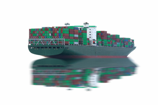Logistics and transportation of International Container Cargo ship in the ocean isolated on white background, Freight Transportation, Shipping, Nautical Vessel..