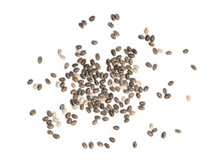 Chia seeds spread out on white background seen from above