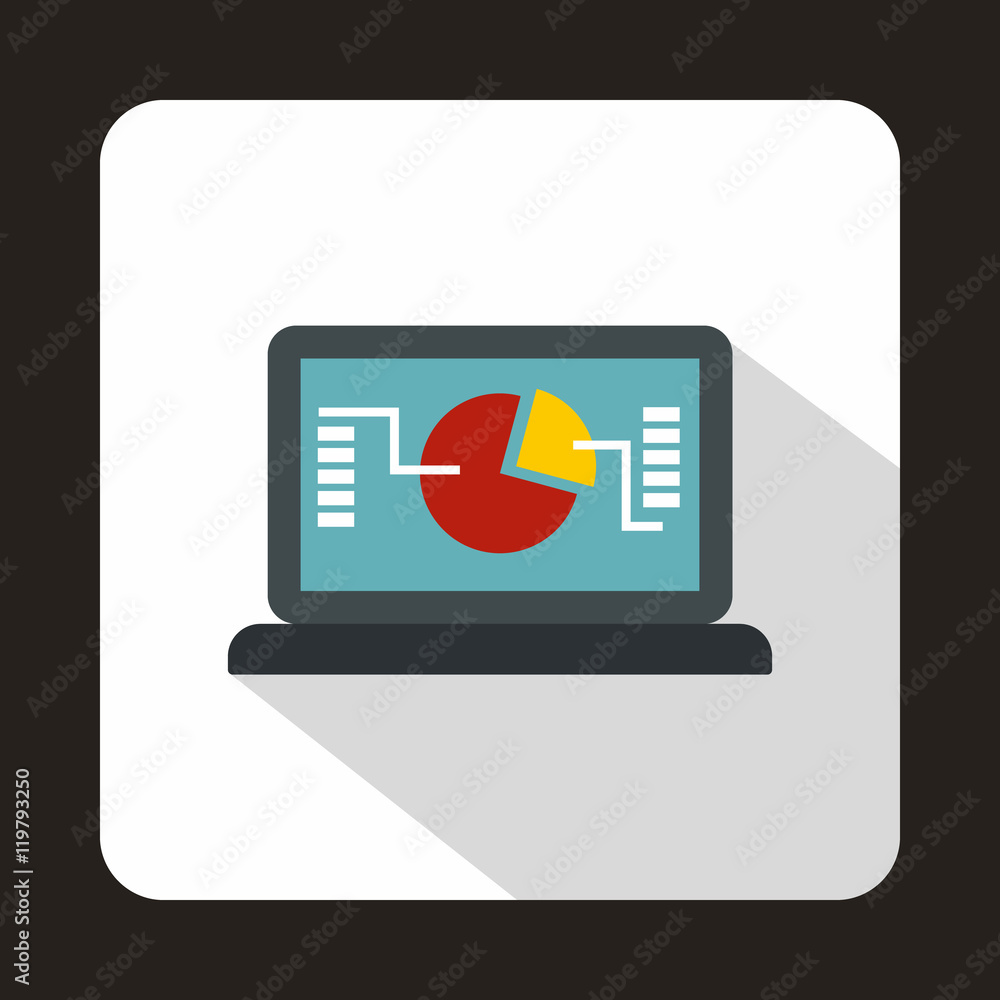 Poster computer with financial data on the screen icon in flat style isolated with long shadow
