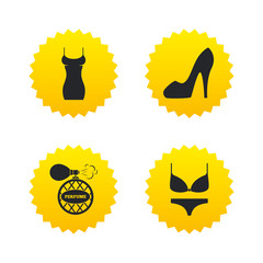 Women dress icon. Sexy shoe sign. Perfume.