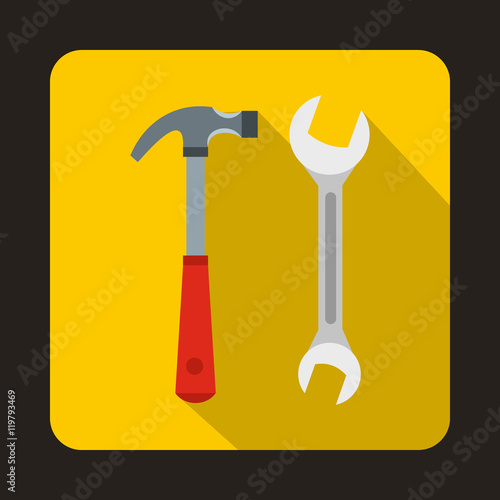 "Hammer and wrench icon in flat style isolated with long shadow" Stock
