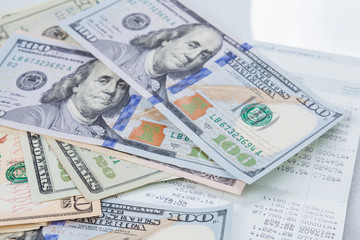 Finance background with money Euro, Dollar have graph analyzing finance market. Finance concept.