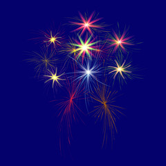 Festive, large, multi-colored fireworks on a blue background illustration.