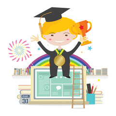 Boy Wearing Graduation Suit With Golden Trophy Sitting On Laptop Represent To Success Education Vector Illustration
