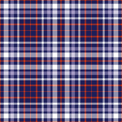 Seamless tartan plaid pattern. Stripes of red, lavender violet and white twill on navy blue background. 