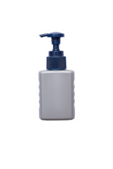 Grey lotion bottle with pump on white background