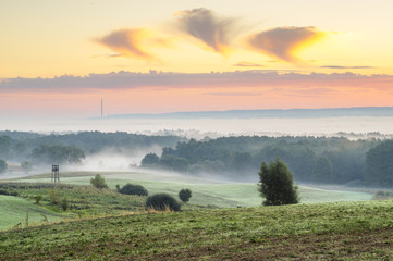 Piękny,mglisty wschód słońca nad wiejską łąką