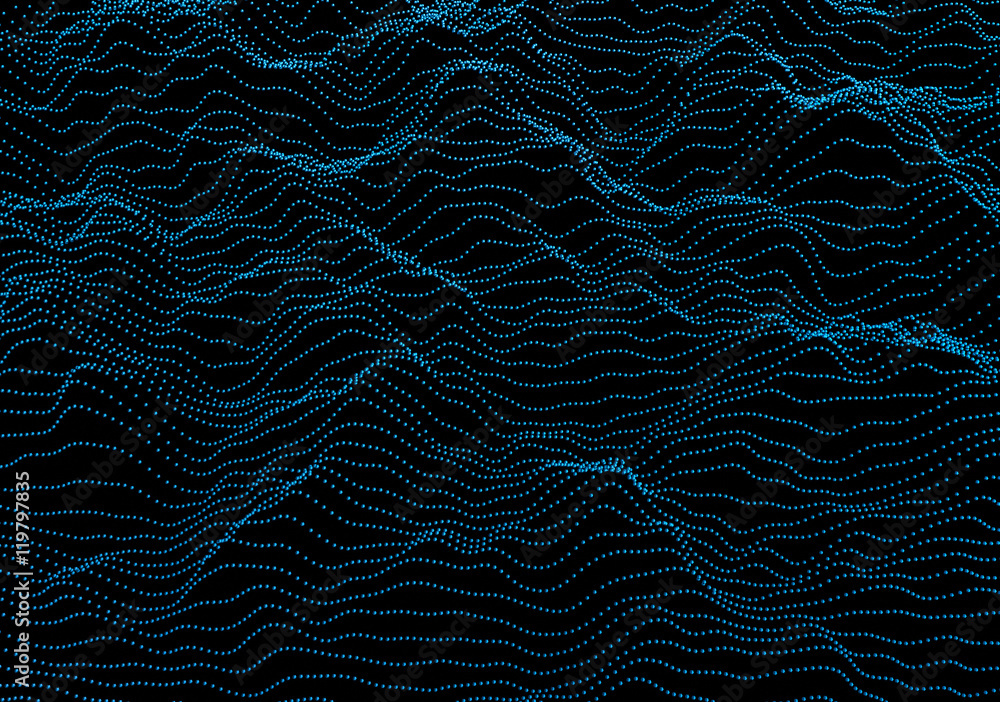 Poster abstract 3d rendering of waves with particles on black background. futuristic background with lines 