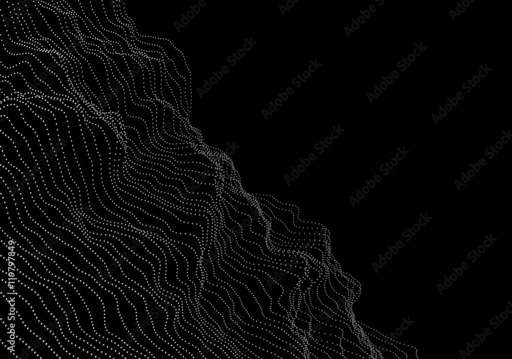 Poster abstract 3d rendering of waves with particles on black background. futuristic background with lines 
