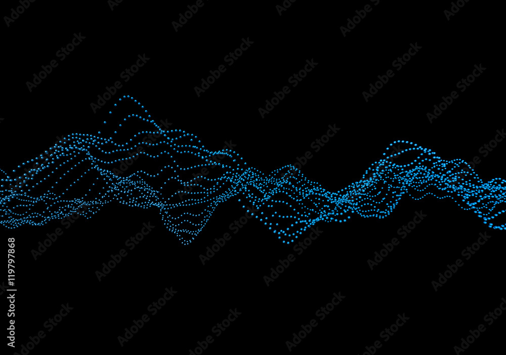 Poster abstract 3d rendering of waves with particles on black background. futuristic background with lines 