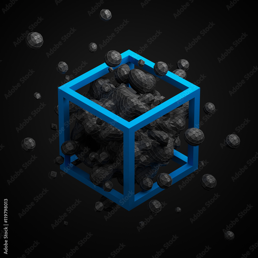 Poster abstract 3d rendering of chaotic low poly liquid in cube. background with dynamic polygonal fluid sp