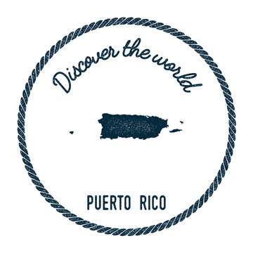Vintage discover the world rubber stamp with Puerto Rico map. Hipster style nautical postage stamp, with round rope border. Vector illustration.