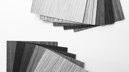 Material selected, veneers for interior design on white background. Shoot in black and white shot.