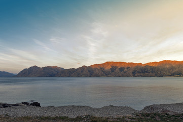 Lake Hawea located in the Otago Region of New Zealand is a popular resort, and is well used in the summer for fishing, boating and swimming