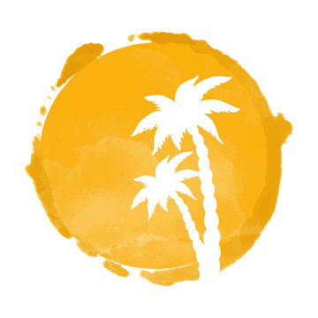 Watercolor corcle and coconut palm trees