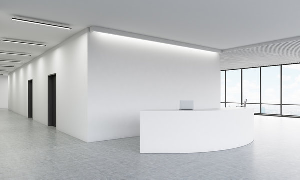 Reception desk in office corridor