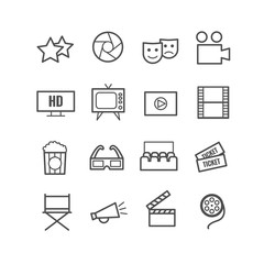 Set of 16 outline cinema icons. Thin icons for web and mobile apps