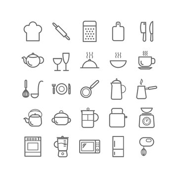 Collection of outline kitchen icons. Thin linear icons for web, print, mobile apps design