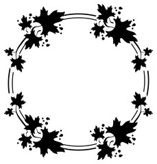 Round black and white frame with maple leaves silhouettes. Vector clip art.