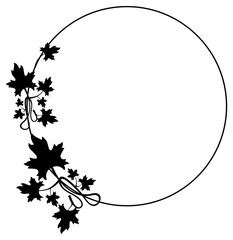 Round black and white frame with maple leaves silhouettes. Vector clip art.