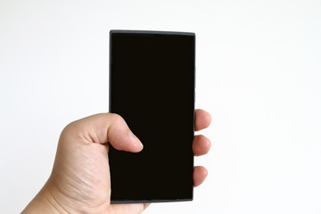 Hand holding smart phone isolated on white background