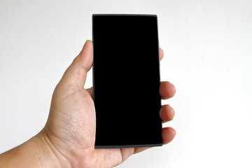 Hand holding smart phone isolated on white background