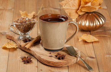 Cup Of Tea Or Coffee. Spices. Olive Tree Board. Wooden Table. Au