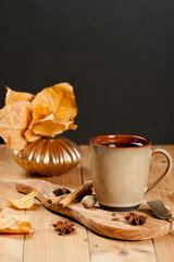 Cup Of Tea Or Coffee. Spices. Olive Tree Board. Wooden Table. Au