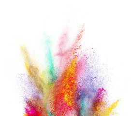 Explosion of colored powder on white background