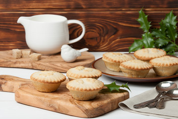 Mince Pies. Traditional Christmas Food. Olive Tree Board. Silver