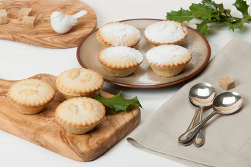 Mince Pies. Traditional Christmas Food. Olive Tree Board. Silver