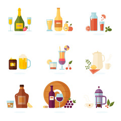 Drink icon set. Alcoholic and non-alcoholic beverages - tea, champagne, lemonade, juice, wine, coffee, cocktails, cider and so. Vector illustration, isolated on white.