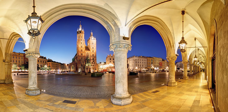 Cracow, Krakow Market Square at night, cathedral, Poland