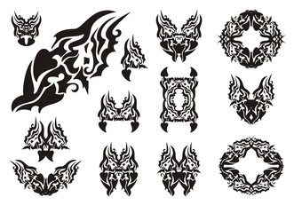 Wavy dragon symbols. Dangerous symbols of a dragon, butterfly of a dragon and dragon frames. Black on white