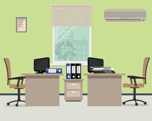 Workplace for two office workers. Vector illustration. On the picture the tables, a chairs, conditioner, the computers, folders and other objects in beige colors are situated on a window background