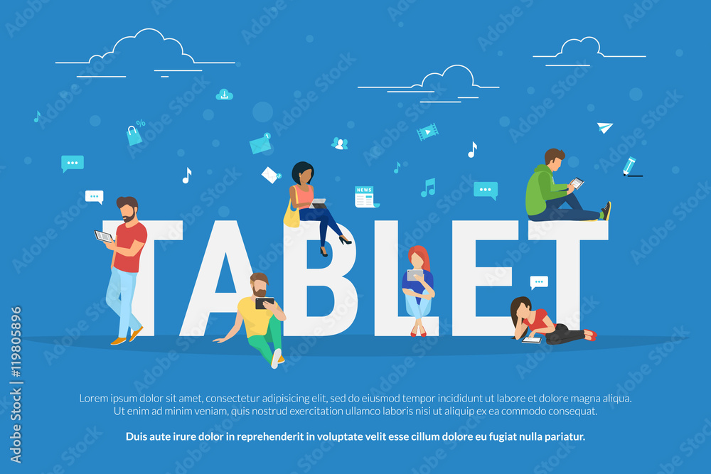 Poster tablet pc concept illustration of young people using pda for social networking and websites usage. f