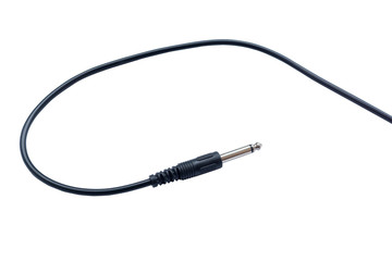 Guitar audio jack with black cable isolated on white background